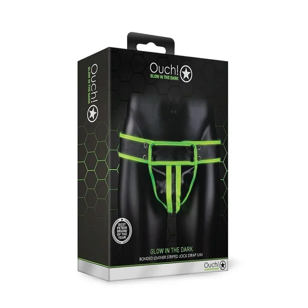 🦋B2G1🦋OUCH! Glow in the Dark NEON GREEN Bonded Leather Striped JOCK STRAP | S/M